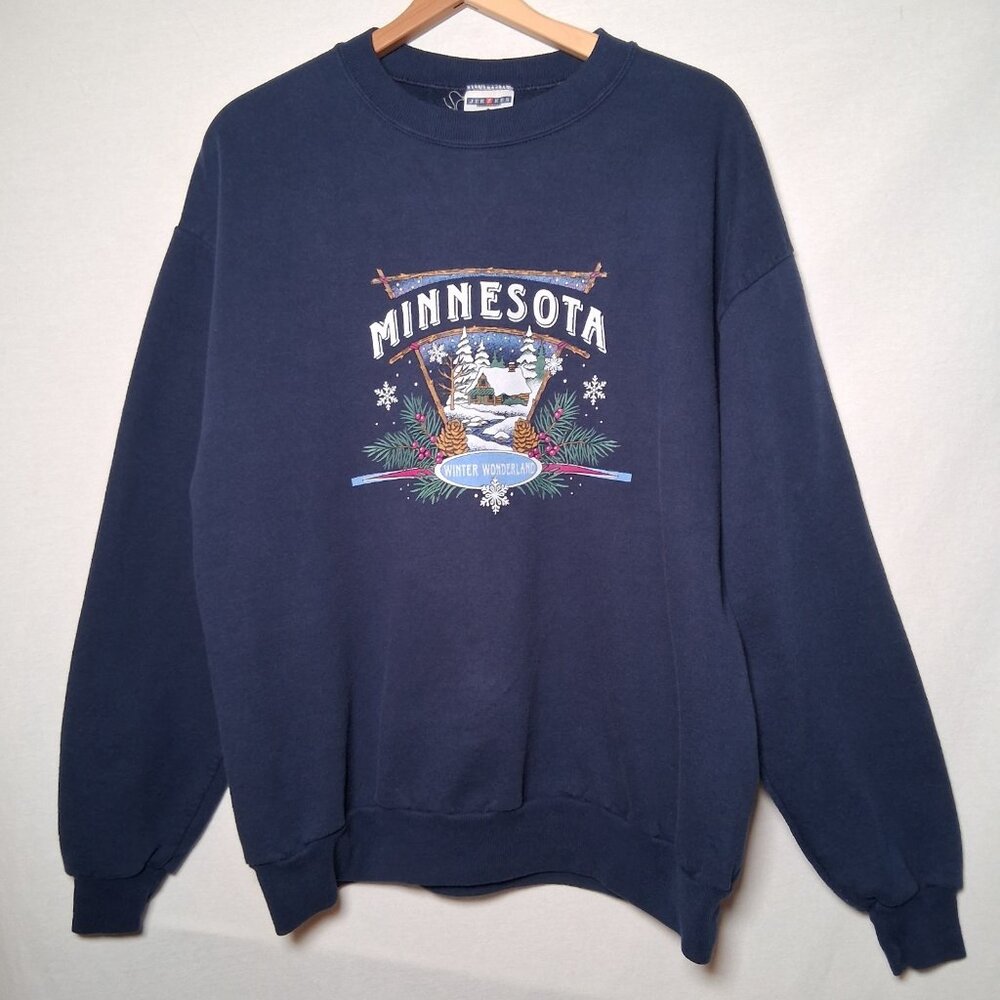 Vintage Minnesota Sweatshirt Large Winter Wonderland Snow Cabin Nature Crewneck - Picture 2 of 13
